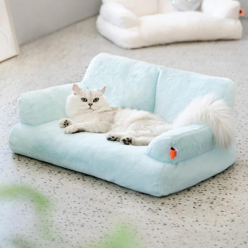 Pet Couch Bed, Washable Cat Beds, Durable Dog Beds with Non-Slip Bottom, Ultra Soft Short Plush Fluffy Cat Couch for Spring Summer