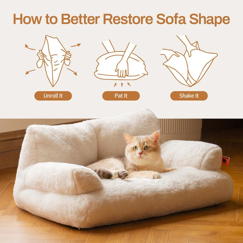 Pet Couch Bed, Washable Cat Beds, Durable Dog Beds with Non-Slip Bottom, Ultra Soft Short Plush Fluffy Cat Couch for Spring Summer