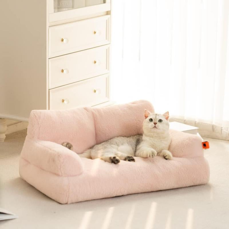 Pet Couch Bed, Washable Cat Beds, Durable Dog Beds with Non-Slip Bottom, Ultra Soft Short Plush Fluffy Cat Couch for Spring Summer