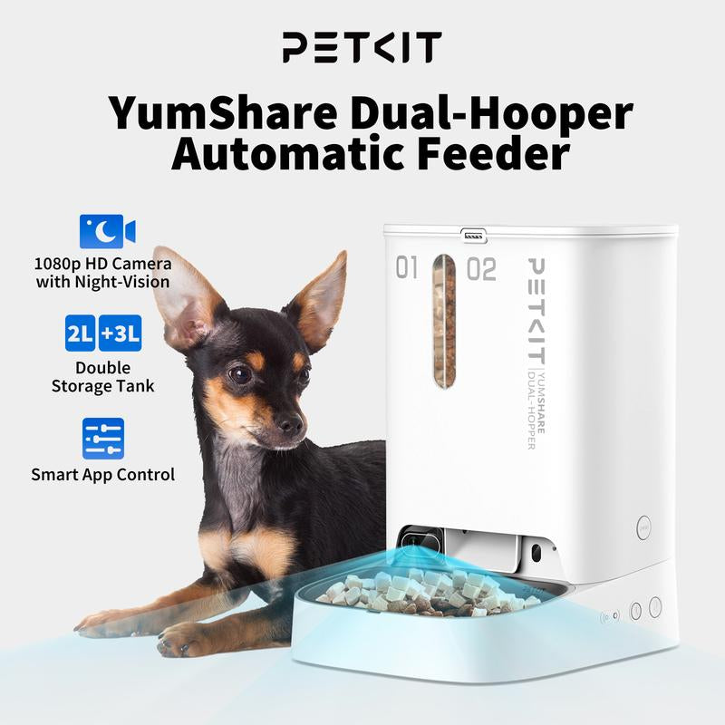 PETKIT Yumshare Dual Hopper Automatic Smart Feeder with Camera, White, 1080P HD Video, Night Vision, Double Hopper Pet Dry Food Dispenser for Cats and Dogs, Anti-Stick Bowl, and Smart App Control Bowl/Dish